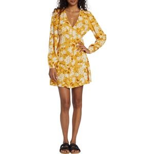 Billabong Night Out Floral Long Sleeve Button Up Mini Dress Retro Yellow XL